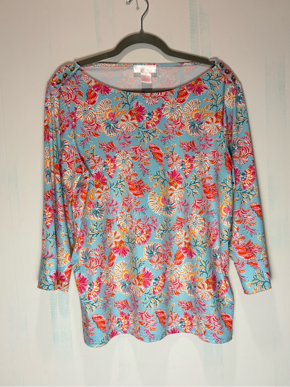 Stella Parker Coastal Floral Coral Beach Print 3/4 Sleeve Women’s Size L Top